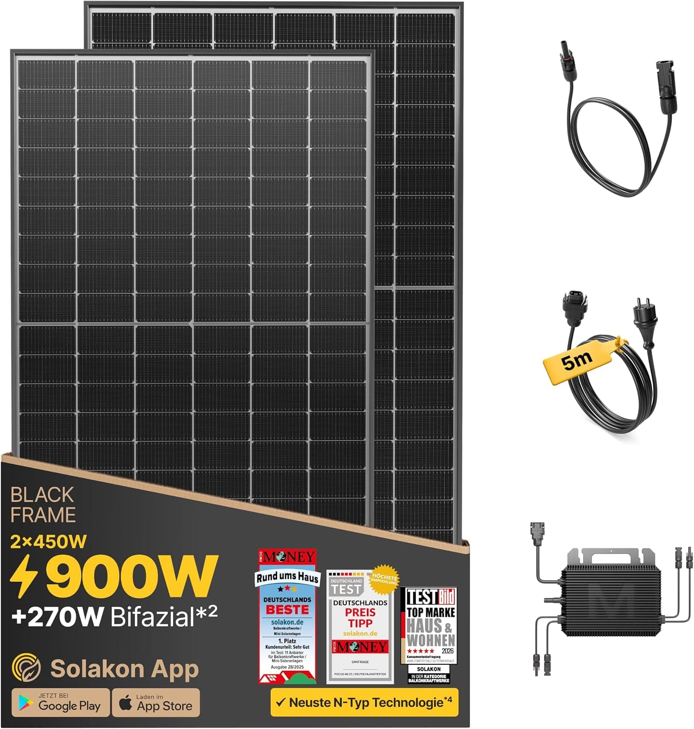 Solakon 900W Balkonkraftwerk-Serie – Komplette Solaranlage mit 800W Wechselrichter & bifazialen Modulen - Ohne Halterung