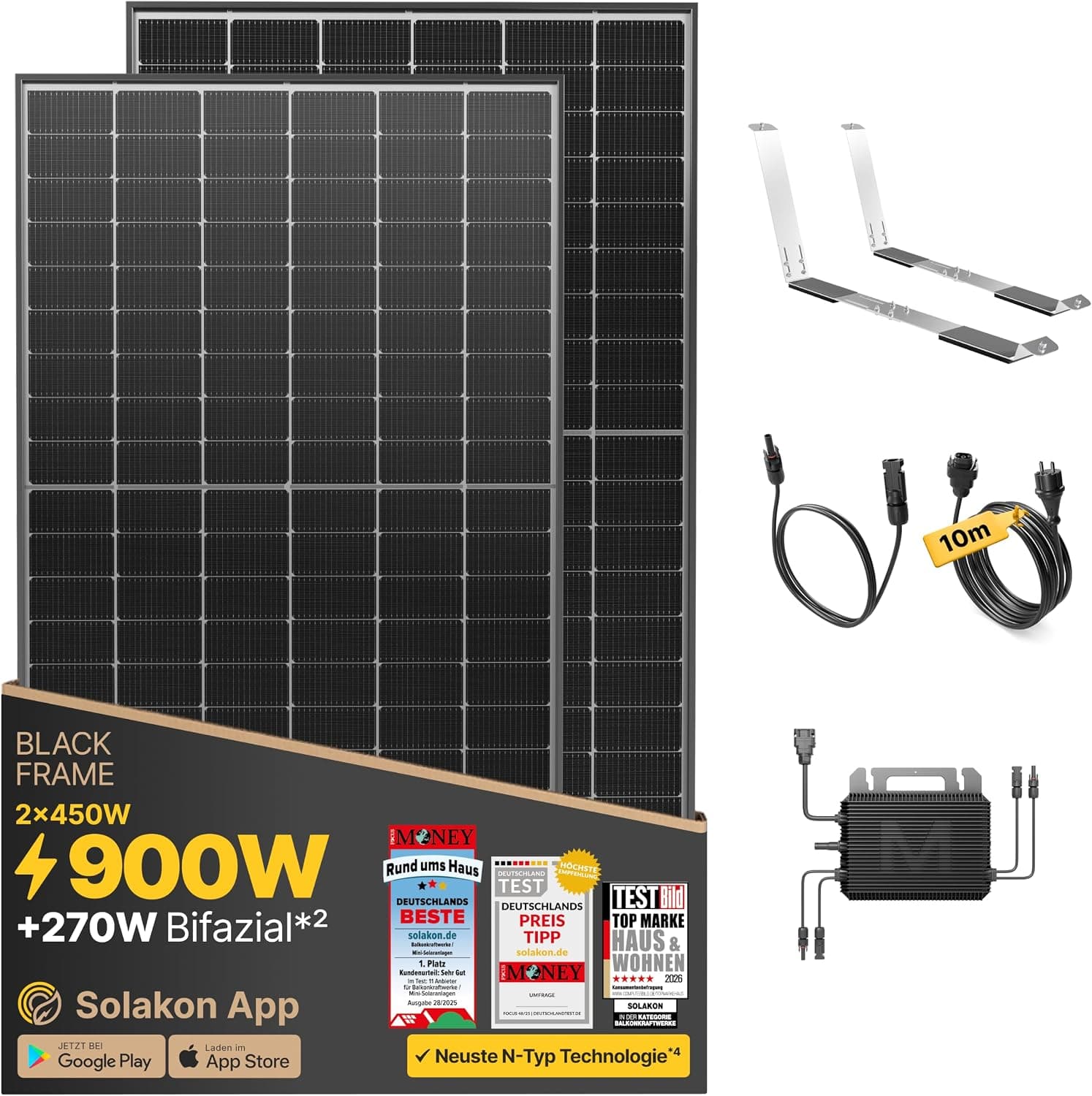 Solakon 900W Balkonkraftwerk-Serie – Komplette Solaranlage mit 800W Wechselrichter & bifazialen Modulen - Mit Garten-/Flachdachhalterung