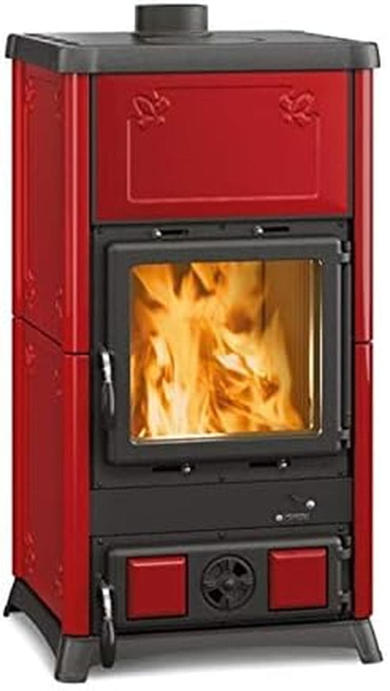 La Nordica Fedora Kaminofen – 8,3 kW – Exklusiver Design-Kamin mit Majolika-Keramik – Bordeaux Rot – Hochwertiges Guss-Design – Hocheffiziente Nachver