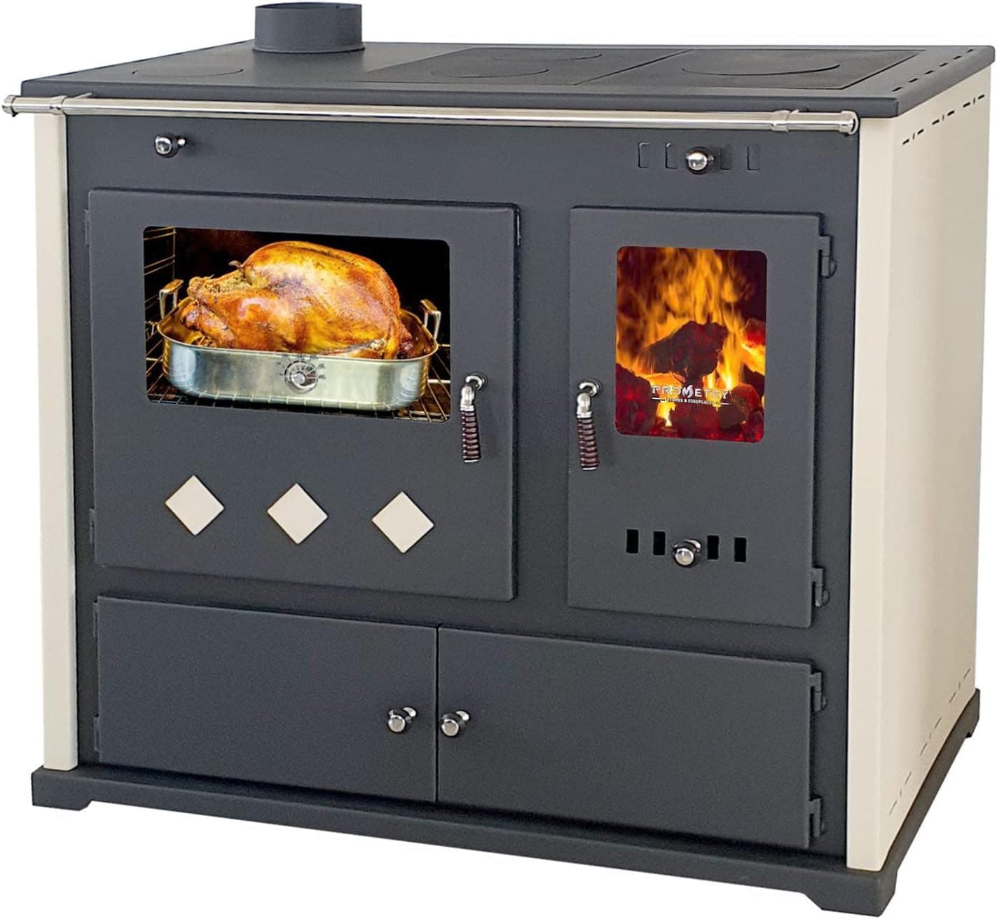 Prometey Practik Lux Holzofen – 9,5 kW – Mit Backofen (links) & Kochfeld – Beige – Autarke Heiz- & Kochlösung für Haus & Ferienhaus