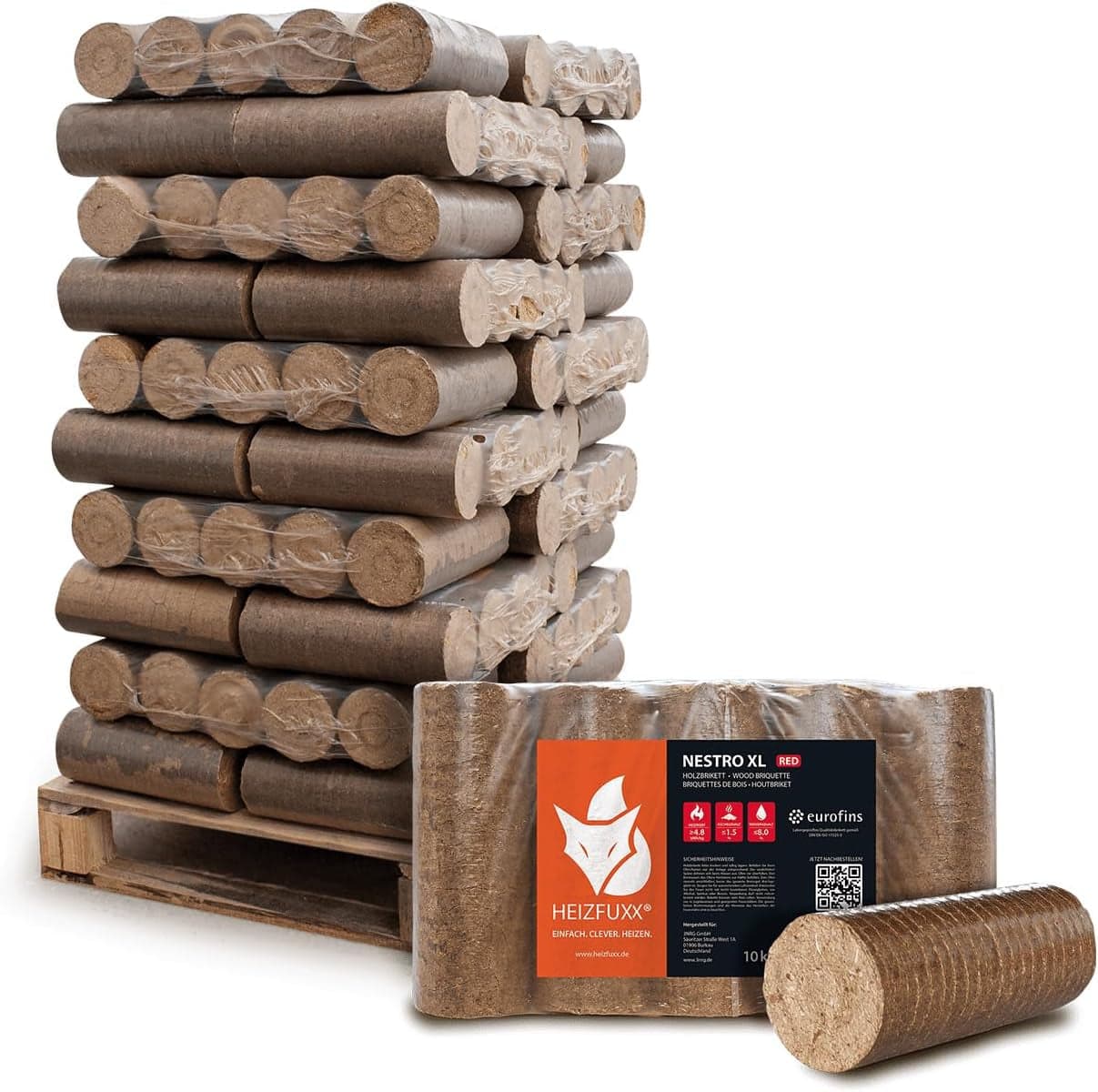 HEIZFUXX Nestro XL Rote Hartholz-Briketts – 300 kg Palette (30 x 10 kg Packungen) – Premium-Briketts für Kamin, Ofen & Heizkessel – Hoher Heizwert & a