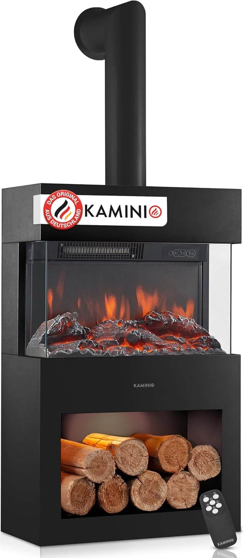 KAMINIO Henri Elektrokamin mit Kaminrohr – 1800W – 3D-Flammeneffekt & Fernbedienung – Stilvolle Heizlösung für Wohn- & Schlafzimmer – In Schwarz & Wei