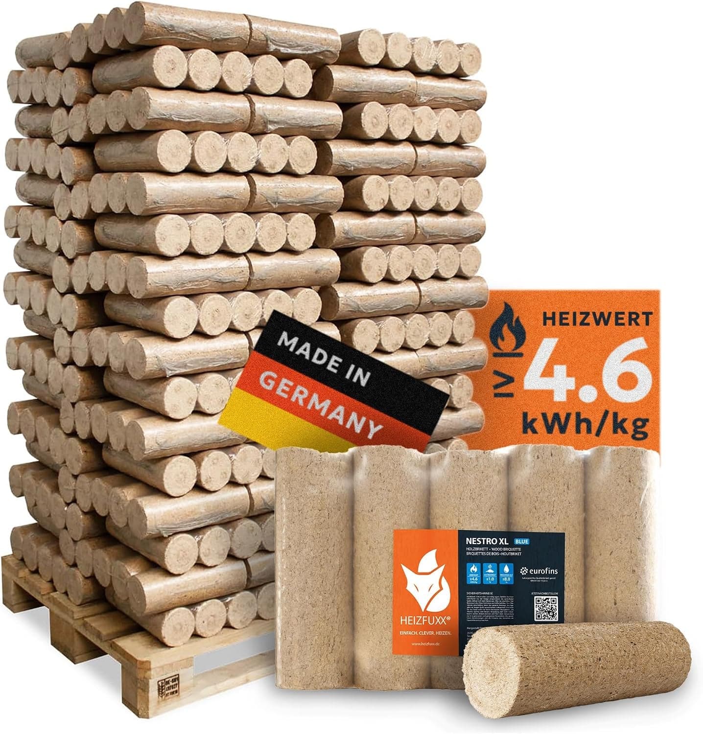 HEIZFUXX Nestro XL Blaue Weichholz-Briketts – 960 kg Palette (96 x 10 kg) – Premium-Briketts für Kamin, Heizkessel & Ofen – Hoher Heizwert & aschearm