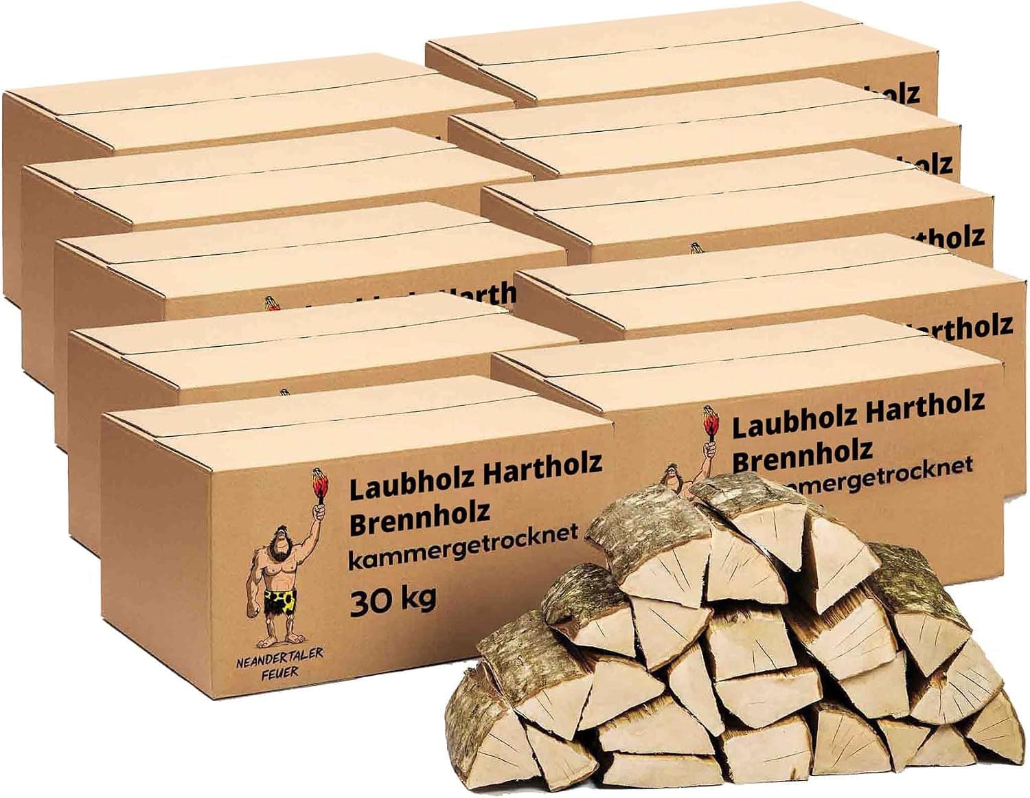 Neandertaler Feuer Eschen-Brennholz 300 kg – 25 cm ofenfertiges Hartholz für Kamin, Grill, Pizzaofen & Feuerschale (10 x 30 kg Kartons)
