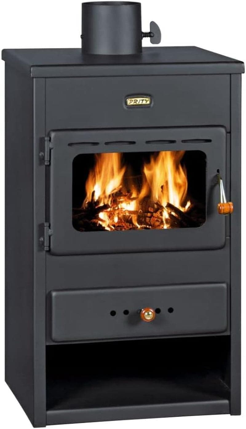 Prity K1 Kaminofen – 9,5 kW – Kompakter, freistehender Holzofen – Mit Gussplatte & Holzfach – Graphitschwarz – Effiziente Heizlösung
