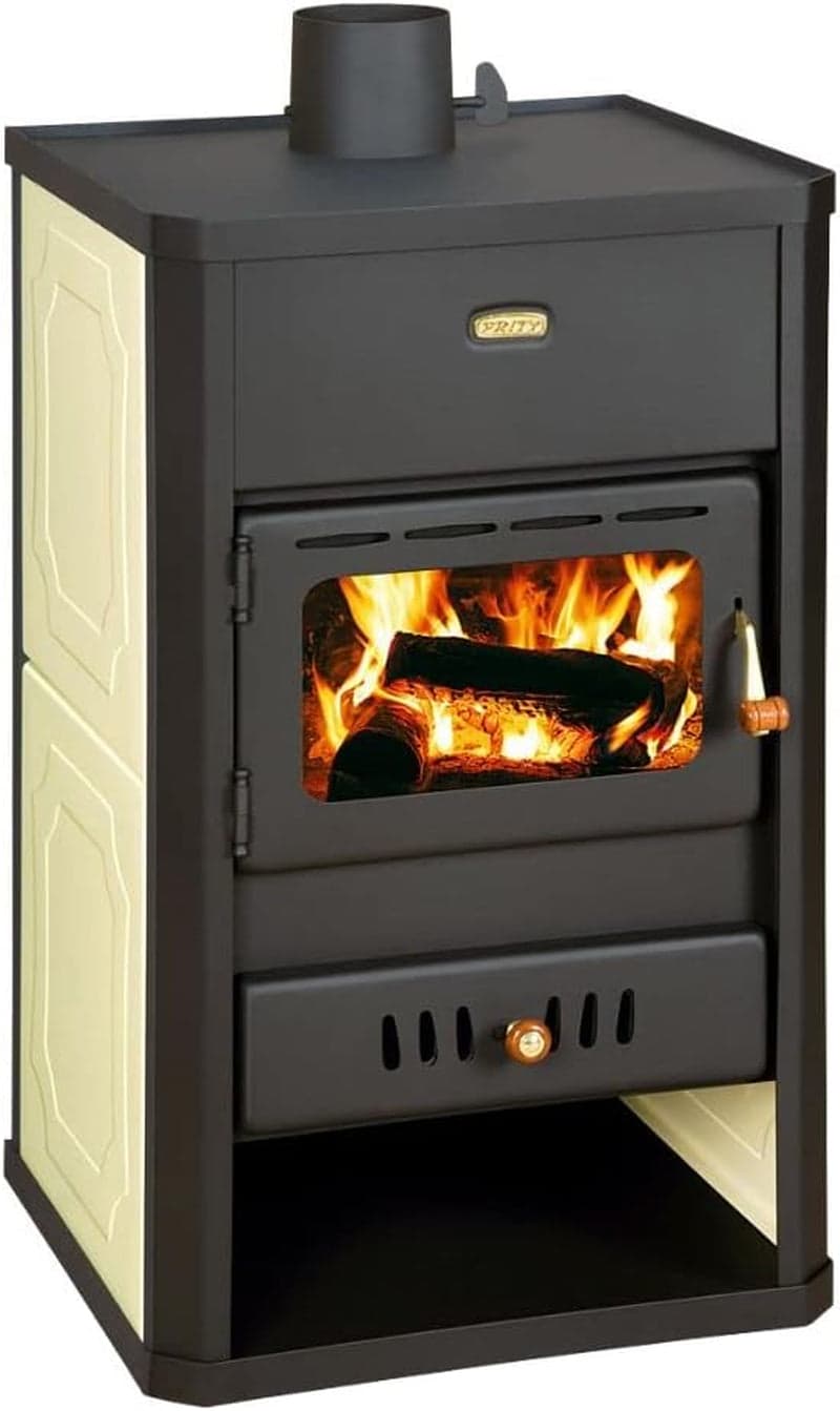 Prity WD W24 D Wasserführender Kaminofen – 24,3 kW – Mit Zentralheizungs-Anschluss – 18,2 kW wasserseitig – Cremeweiße Seitenteile – Großes Sichtfenst