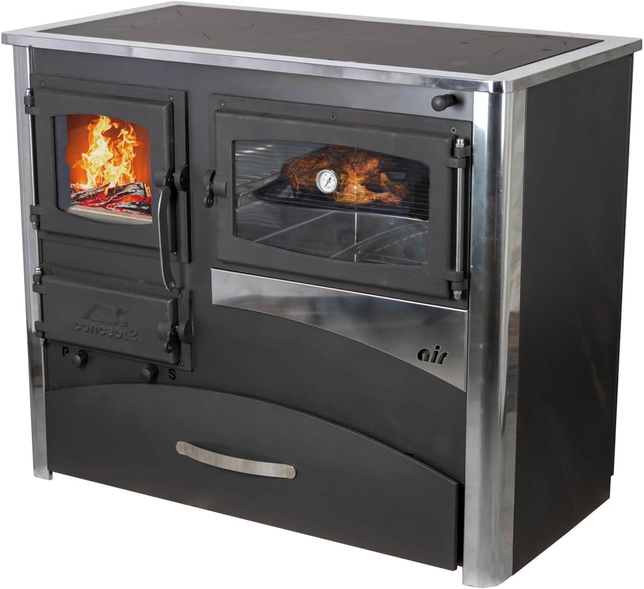 ABC Concept 2 Air Kaminofen – 11,6 kW – Multifunktionaler Holzofen mit Backfach & Kochplatte – Energieeffizienzklasse A – Robuste Edelstahl-Brennkamme