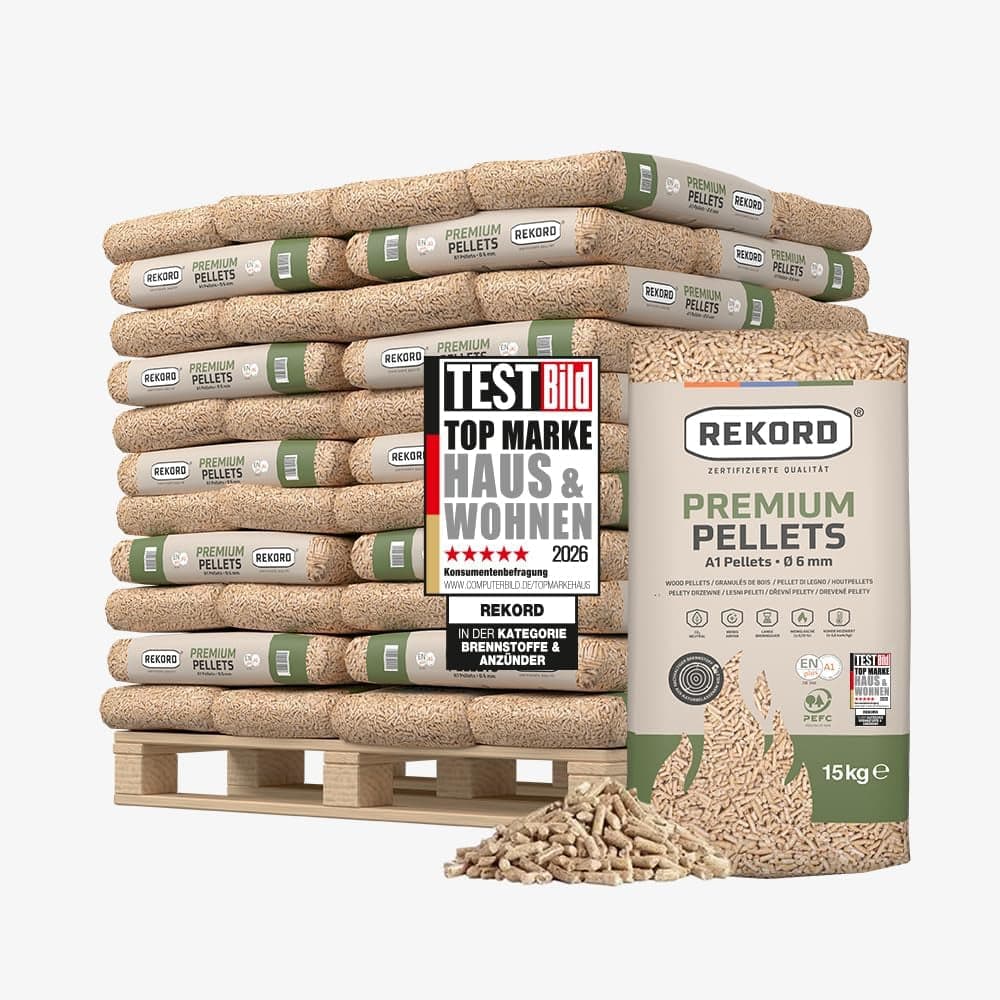 Rekord Premium Holzpellets A1 – 990 kg Palette (66 x 15 kg Säcke) – 6 mm Weichholz-Pellets, ENplus A1 zertifiziert, Made in Germany