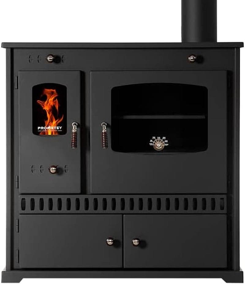 Prometey Perfect Eco Kaminofen – 7 kW – Mit Backfach & Kochfeldern – Energieeffizienzklasse A+ – Autarke Heiz- & Kochlösung – Schwarz – Modernes Desig
