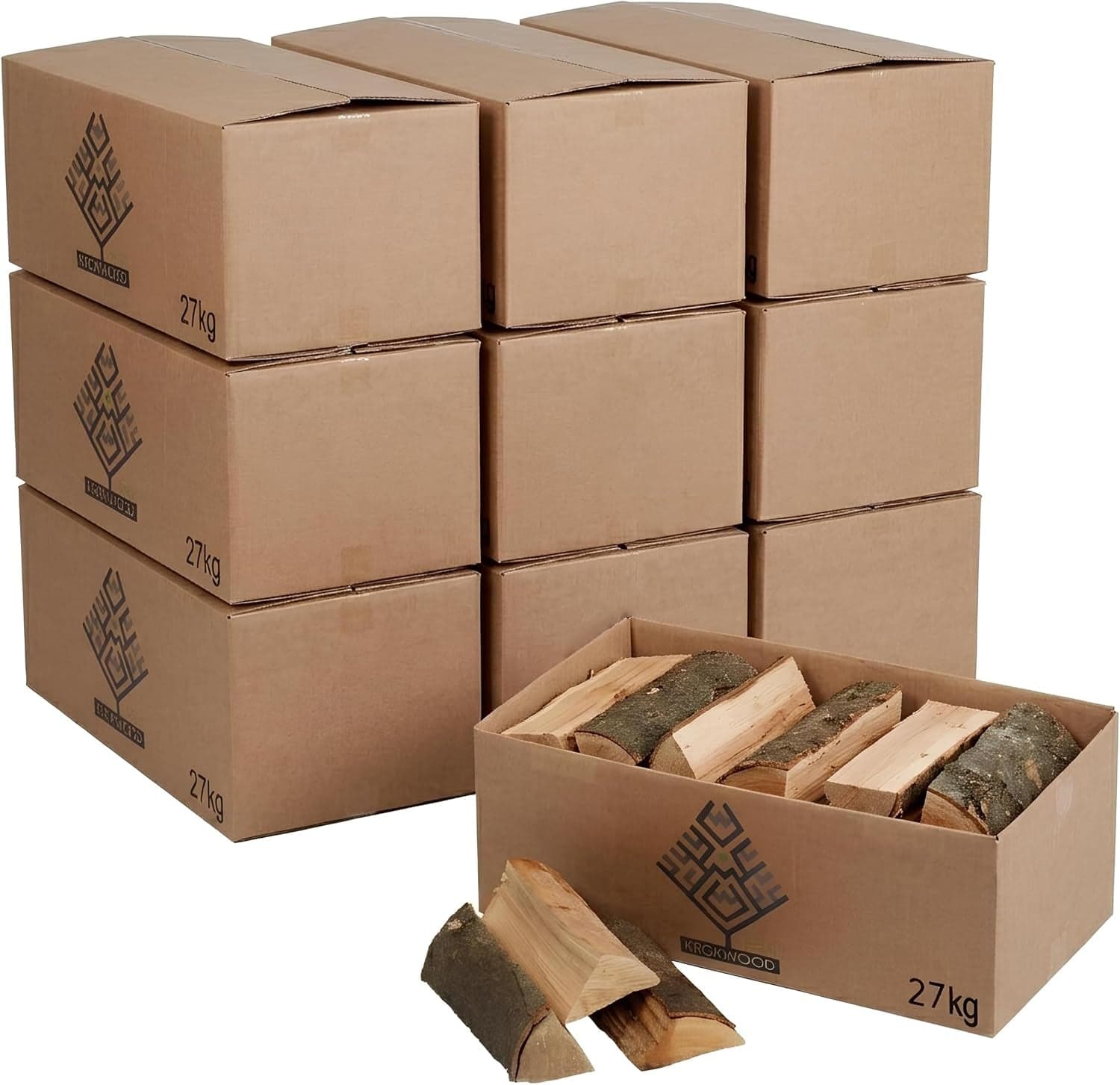 KROKWOOD Buchen-Brennholz (270 kg) – 10er-Set à 27 kg – Kammergetrocknet – Ideal für Kamin, Lagerfeuer & Feuerschale – Scheitlänge bis 25 cm