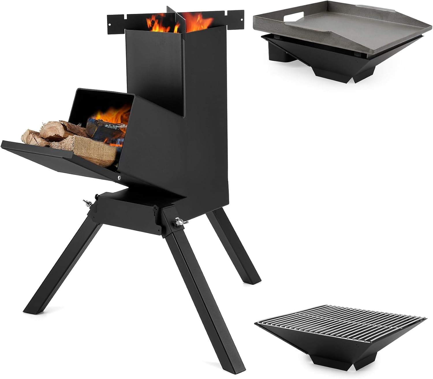 Stanbroil 3-in-1 Raketenofen – Outdoor-Campingkocher für Holz mit Grillrost und Kochplatte