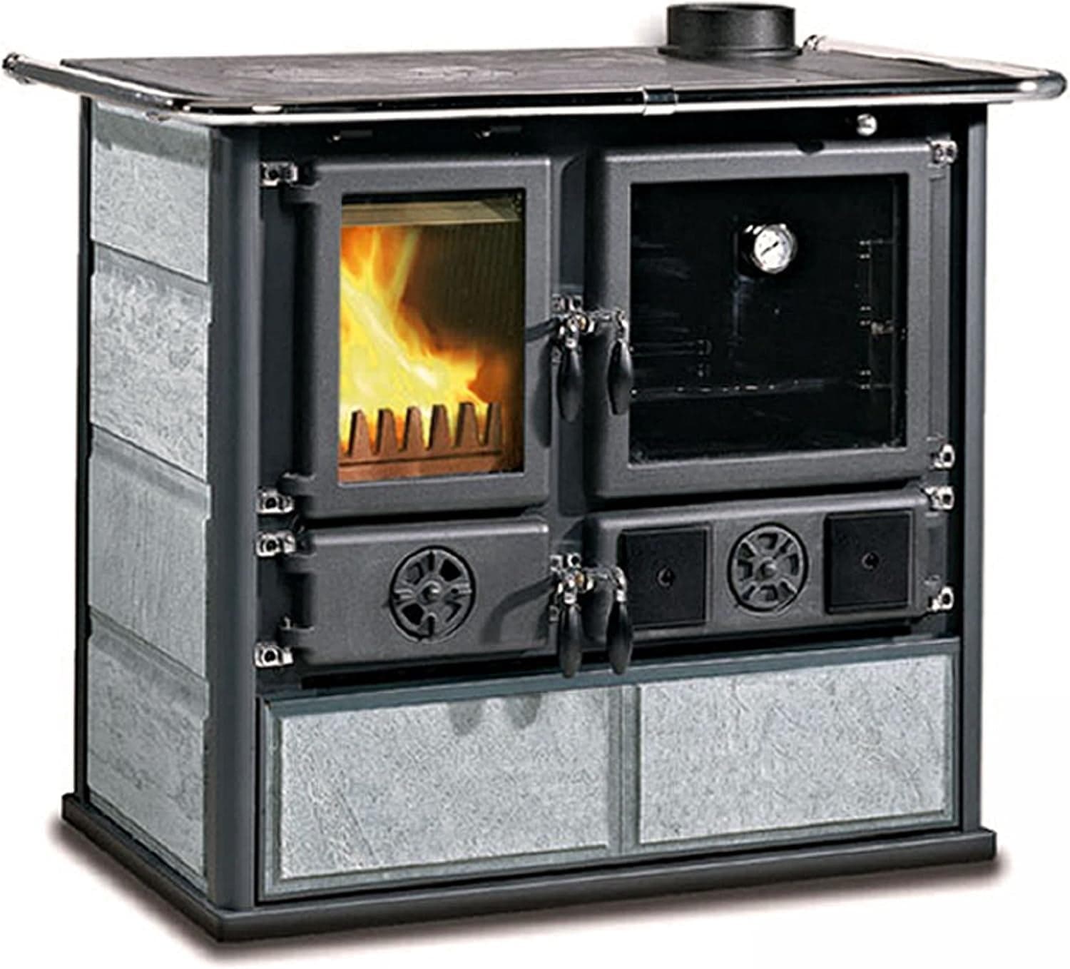 La Nordica „Rosa“ Küchenherd – 6,5 kW – Freistehender Kaminofen mit Backfach & Kochplatte – Elegantes Naturstein-Design – Energieeffizient – 185 m³ He