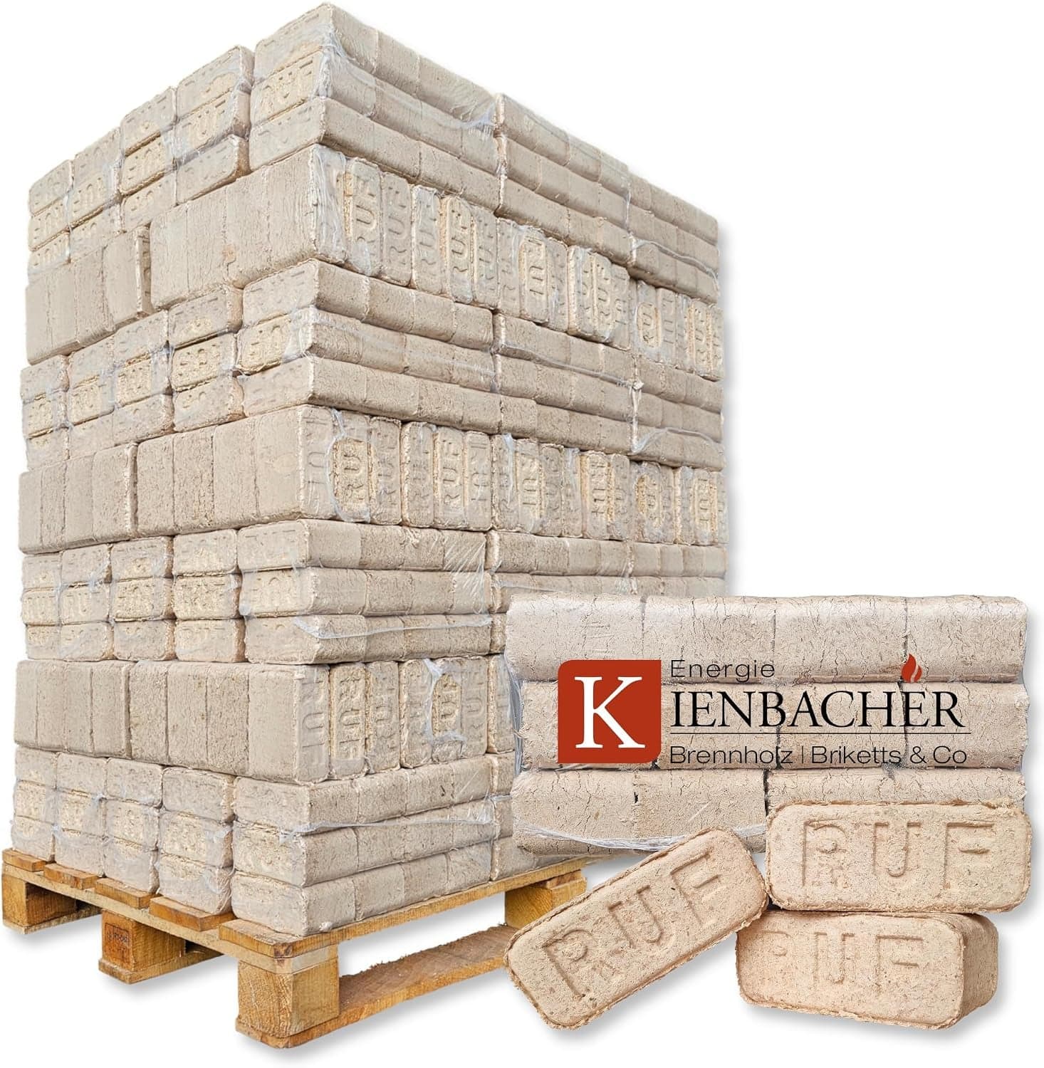 Energie Kienbacher RUF Premium Hartholz-Briketts – 960 kg Palette (96 x 10 kg Pakete) – FSC-zertifiziertes Buchen- & Eichenholz – Hoher Heizwert & umw