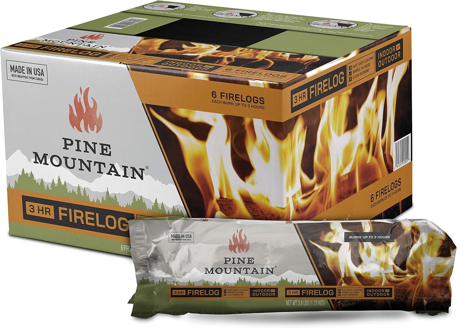 Pine Mountain 3-Stunden-Kaminholzscheite – 6er-Pack – Die bequeme & saubere Lösung für Ihre Feuerstelle