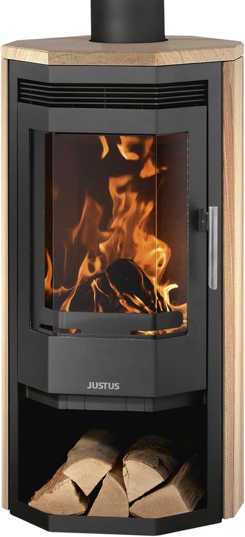 Justus Usedom 5 Kaminofen – 5,5 kW – Mit edler Sandstein-Verkleidung – Dreifach-Luftsystem – Dauerbrand-Funktion – Flexibler Rauchrohranschluss