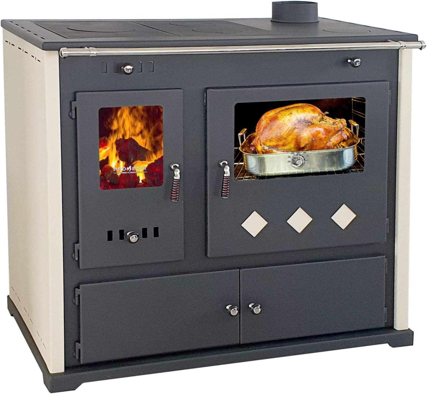 Prometey Practik Lux Holzofen – 9,5 kW – Mit Backofen & Kochfeld – Beige & Schwarz – Effiziente Heizlösung für Haus & Werkstatt