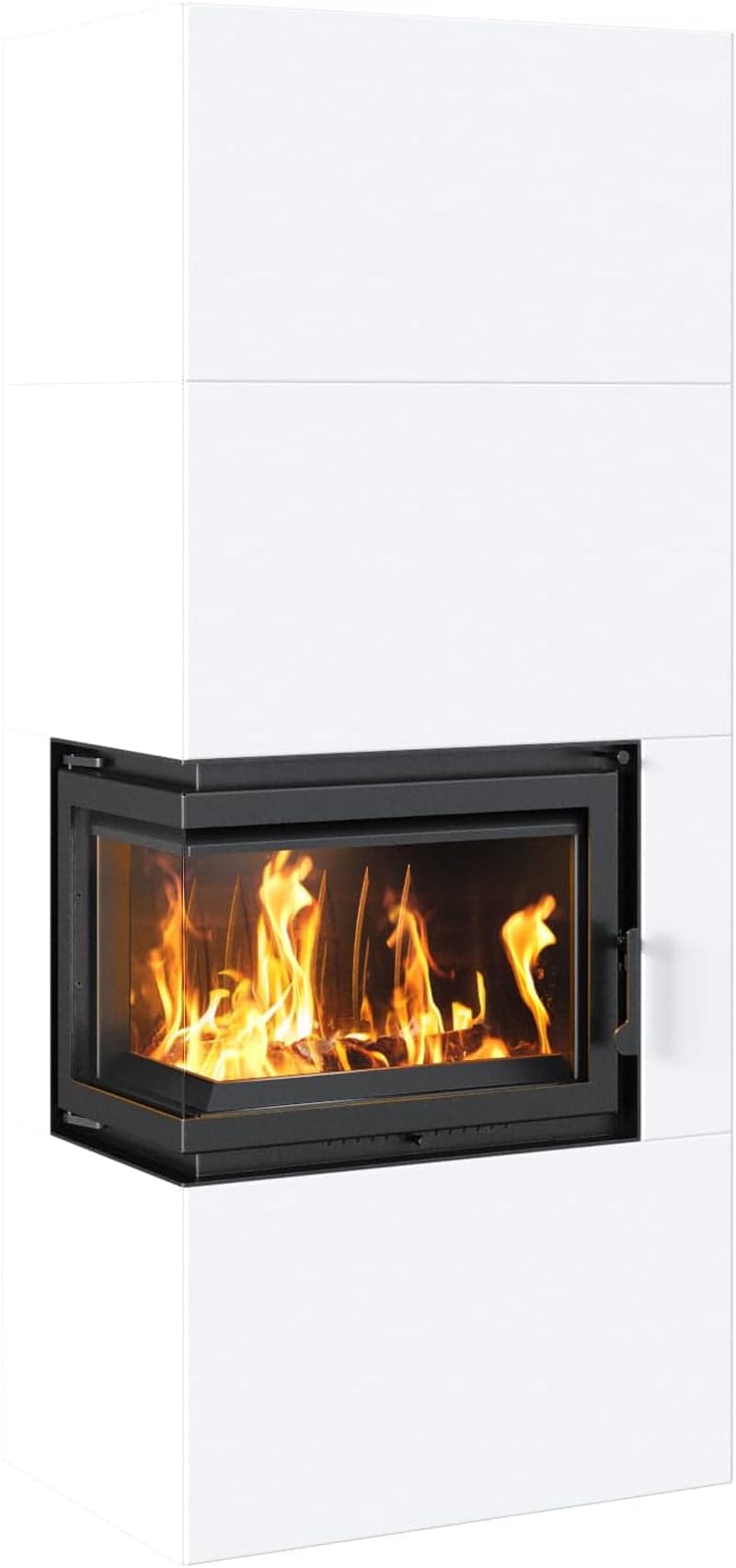 KRATKI Simple Box Kamin – 8 kW – Moderner Eck-Kaminbausatz – Weißes Stahldesign – 2-seitige Panoramascheibe – Energieeffizienzklasse A – Schnelle Mont