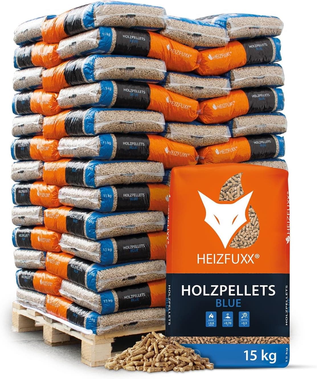 HEIZFUXX Premium Holzpellets (Blau) – 975 kg Palette (65 x 15 kg Säcke) – 6 mm Weichholz-Pellets, ENplus A1 zertifiziert, hoher Heizwert & aschearm