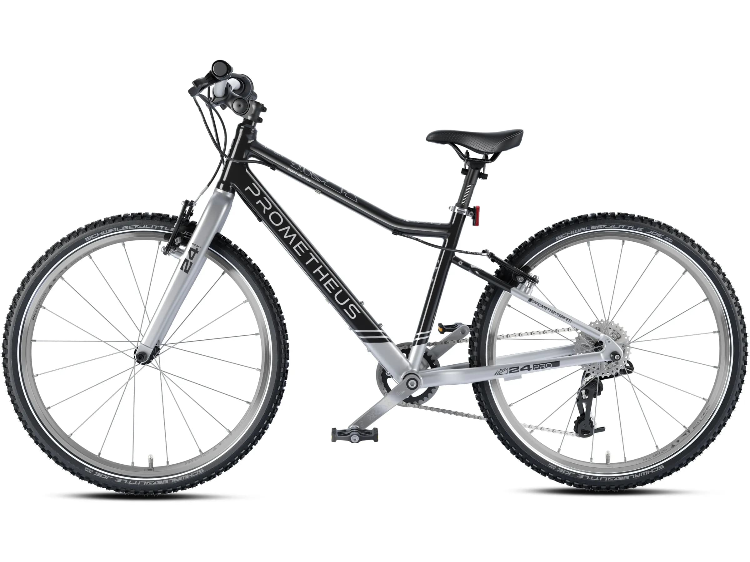 PROMETHEUS BIKES Kinderfahrrad 24 Zoll PRO ab 7 Jahren Ultraleicht 8-Gang SRAM Schaltung Premium Schwarz Silber