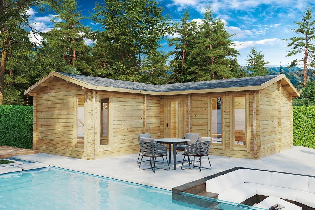 Eck-Blockhaus mit zwei Schlafzimmern “Devon 2” 8x8m