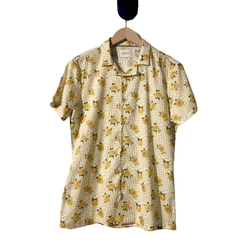 Chemise jaune et vert imprimé roses JAGVI - S