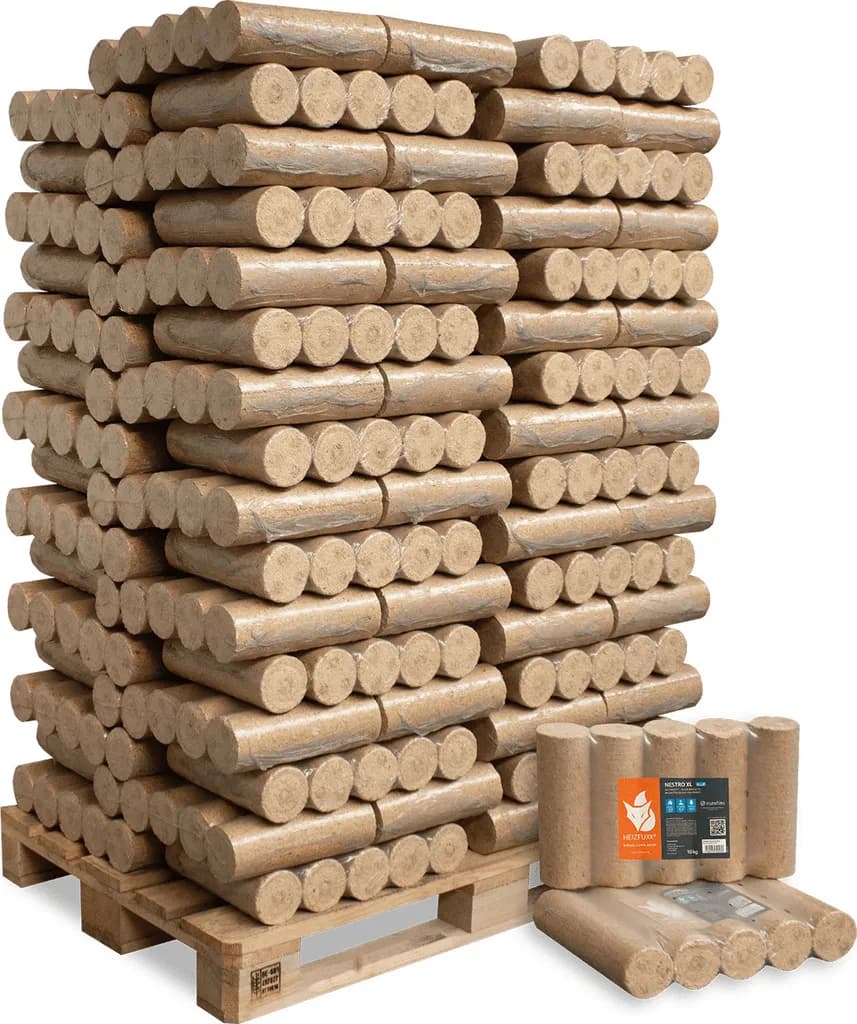 HEIZFUXX Heizbriketts Nestro XL, Nadelholz, Blau, 960 kg (96 x 10 kg) auf Palette – Hoher Heizwert, geringe Aschebildung, für Kachel- und Holzöfen