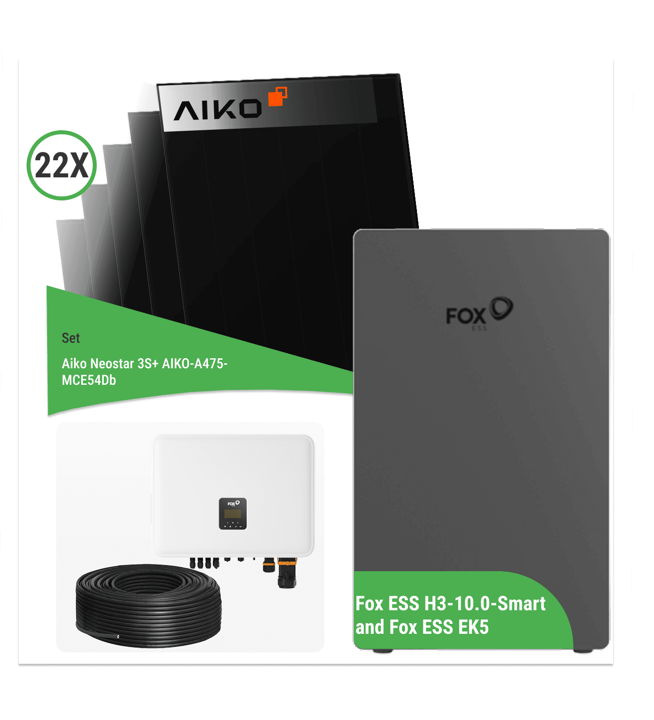 10 kWp PV Komplettset – 22x Aiko Neostar 3S+ AIKO-A475-MCE54Db + Fox ESS H3-10.0-Smart und Fox ESS EK5