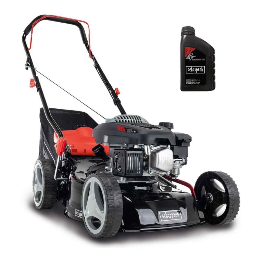 Scheppach Benzin Rasenmäher MP132-42 | Schnittbreite 42cm | 3,4PS | Stahlgehäuse | Reinigung | 45L | Höhenverstellung 7 Stufen (25-75mm) | inkl.
