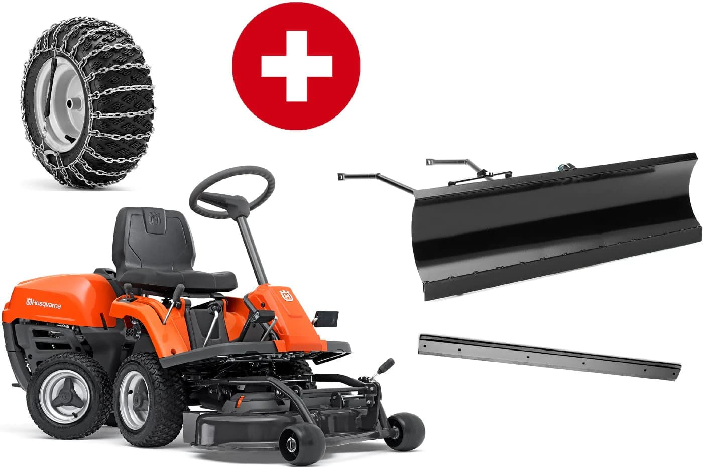 Husqvarna Frontmäher R 112C mit Mähdeck Combi 85 – Winterpaket mit Schneeschild, Gummileiste und Schneeketten – Modell 2023