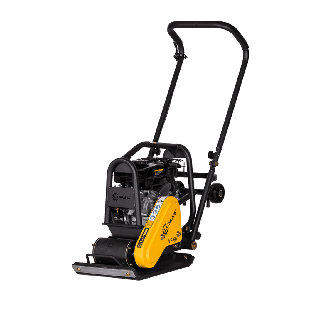 LUMAG VP 60 – Rüttelplatte vorlaufend mit 58 kg inkl. Transportfahrwerk und Gummimatte