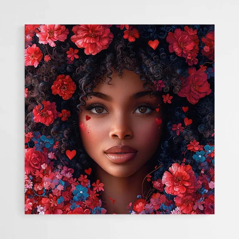 Tableau visage femme fleurs rouges Tableau monté sur châssis 60x60
