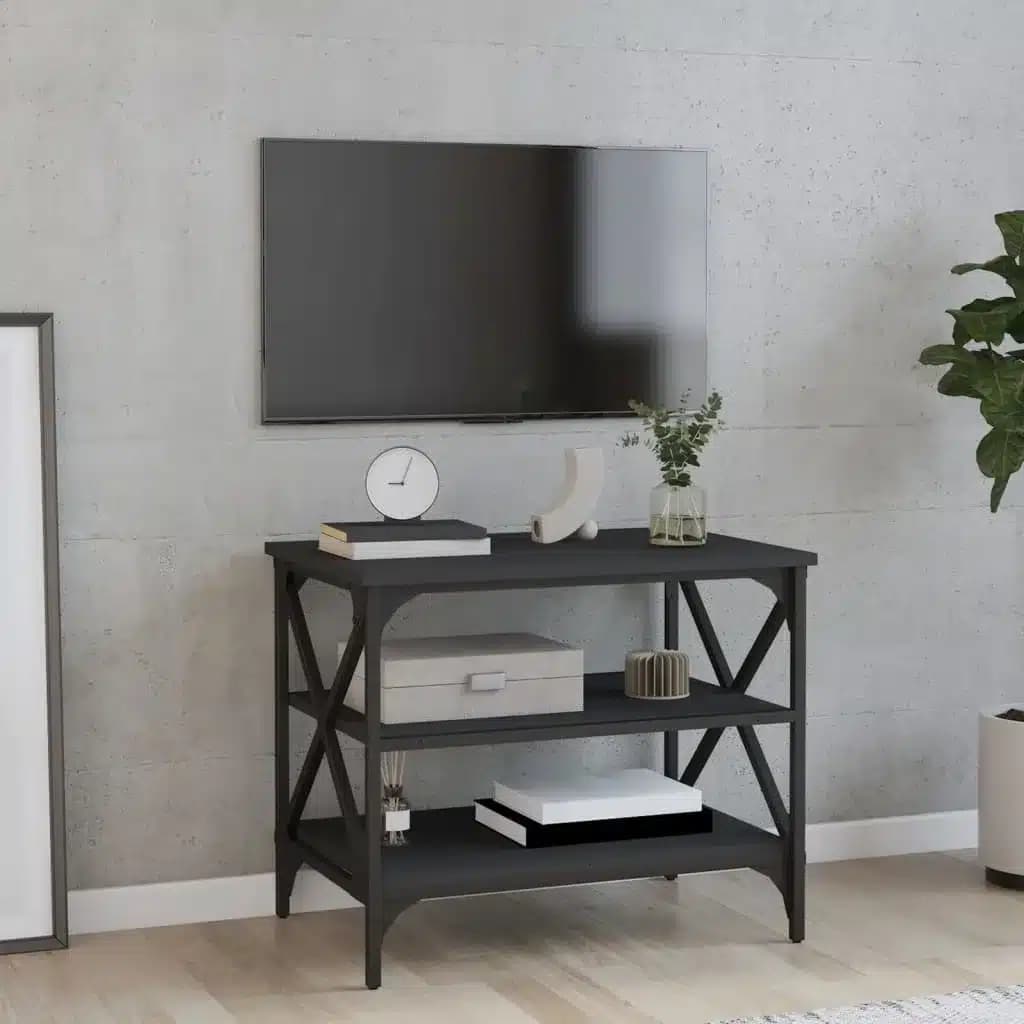 Meuble TV en Bois Noir avec Rangements