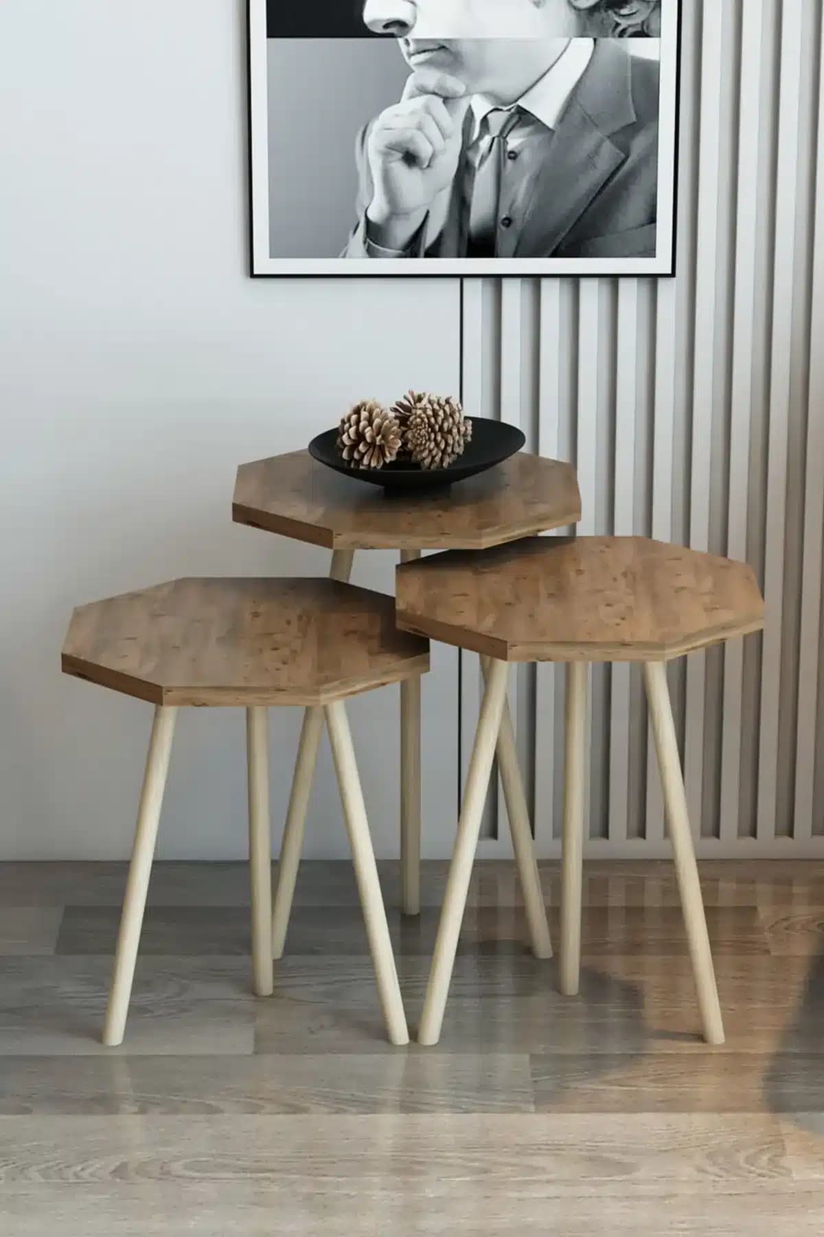 Ensemble de 3 Tables Basses Octogonales Nordique en Bois