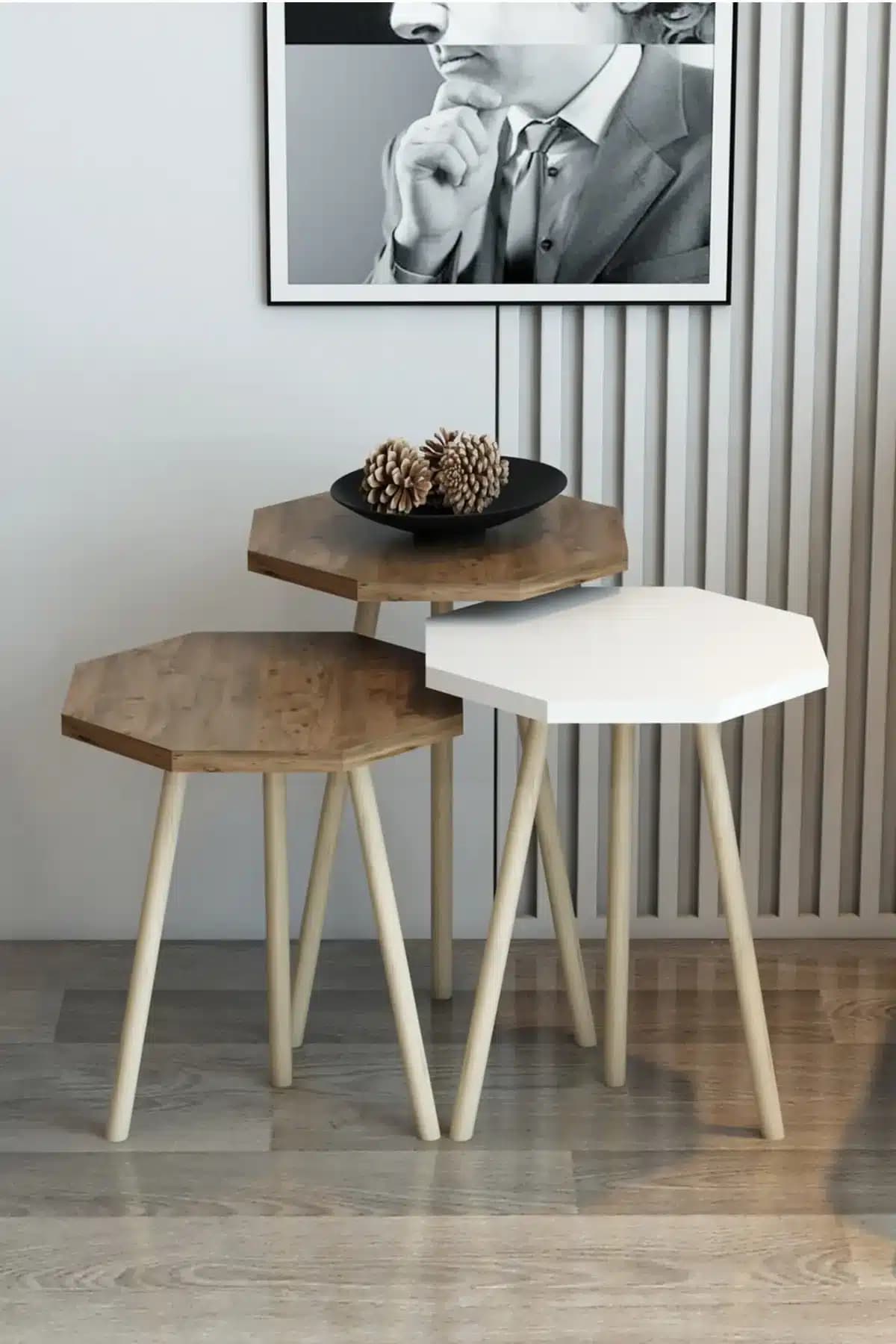 Ensemble de 3 Tables Basses Octogonales Nordique en Bois