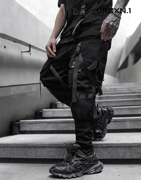 Black Cargo Pants Techwear - L