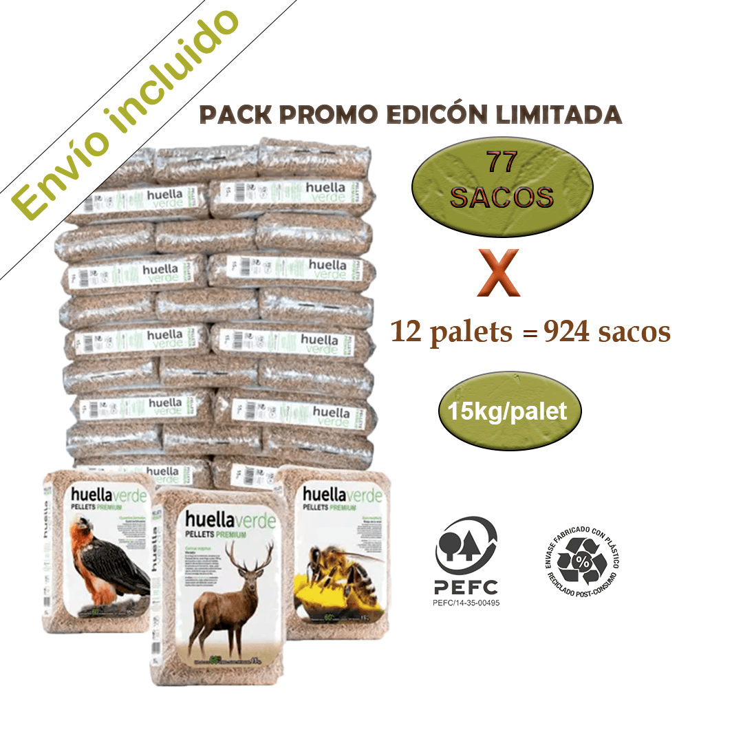 Palets de pellets Huella Verde de 15 kg de 77 sacos  pack de 12 palets