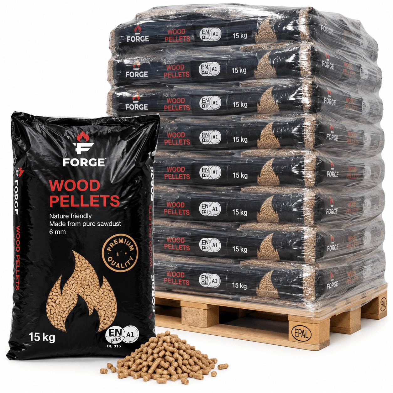 Forge Premium Holzpellets – 84 × 15 kg Palette (1260 kg) – 100 % Nadelholz, ENplus A1