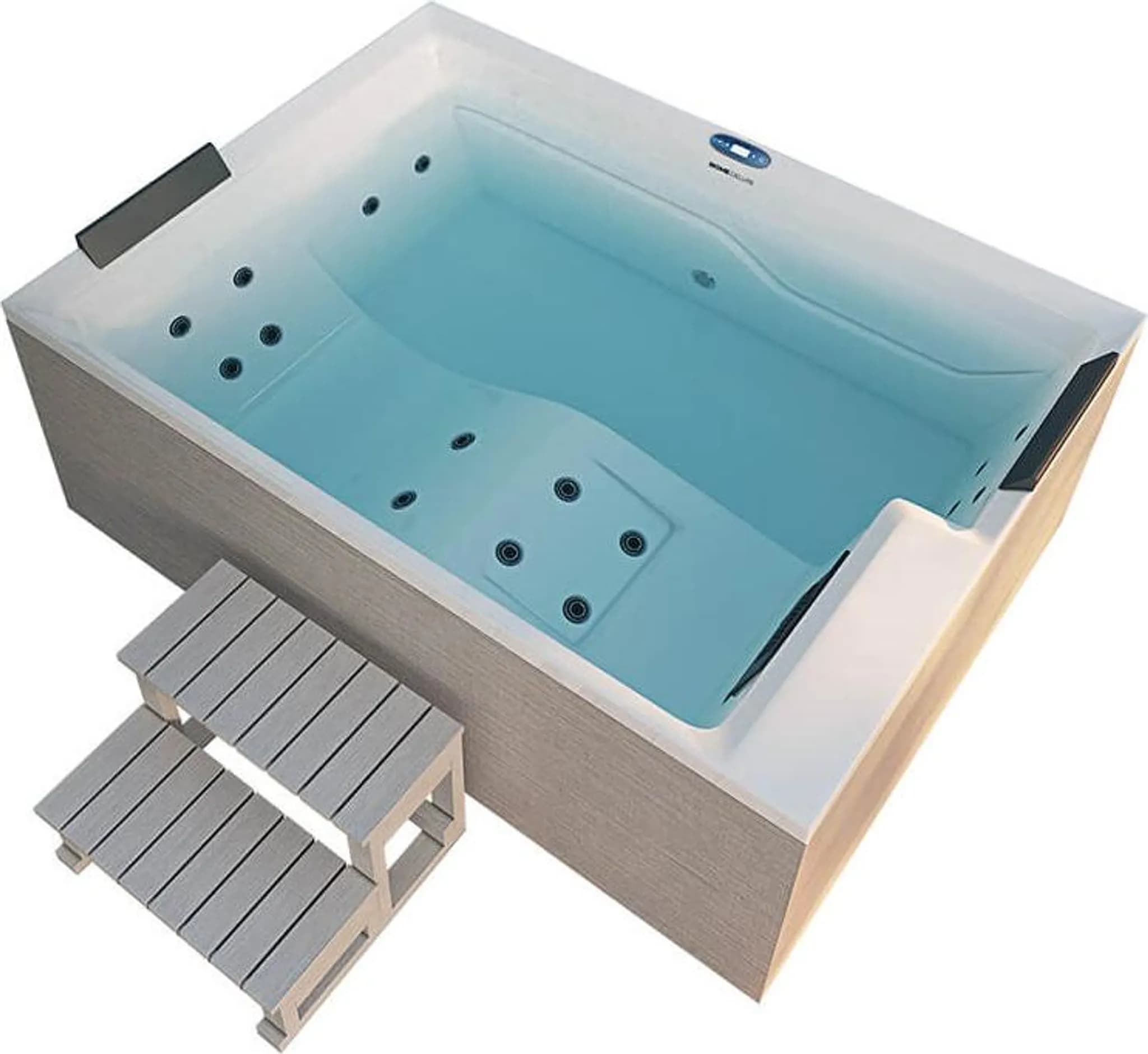 HOME DELUXE - Outdoor Whirlpool NIMBUS DELUXE - mit Treppe und Thermoabdeckung - Maße: 190 x 140 x 70 cm- Inkl. Heizung, 18 Massagedüsen I Außen Whirl