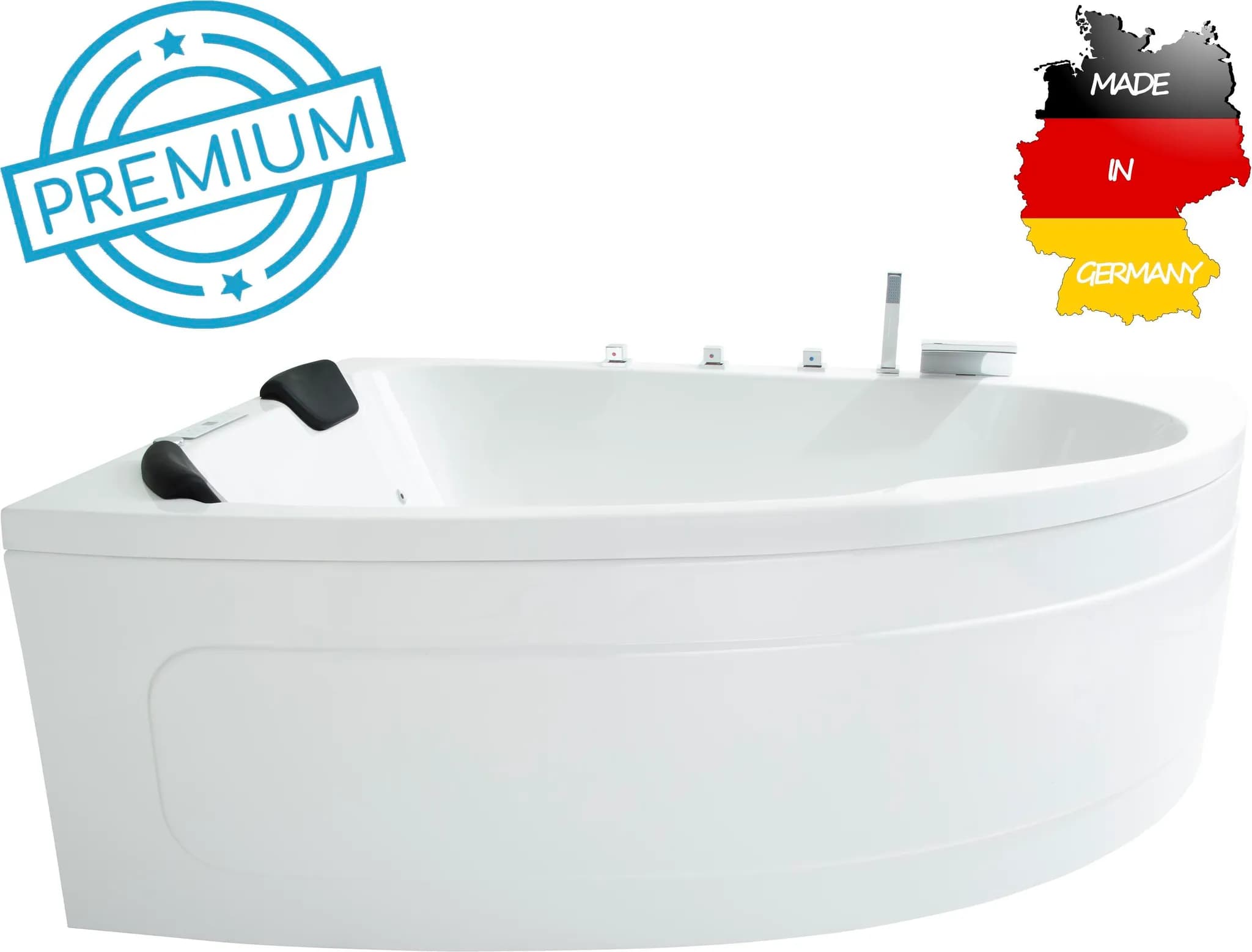 Basera PREMIUM Indoor Eck-Whirlpool Badewanne Guam Links 180 x 130 cm für 2 Personen mit 25 Massagedüsen, Heizung, Ozongenerator, Wasserfall, LED-Ambi