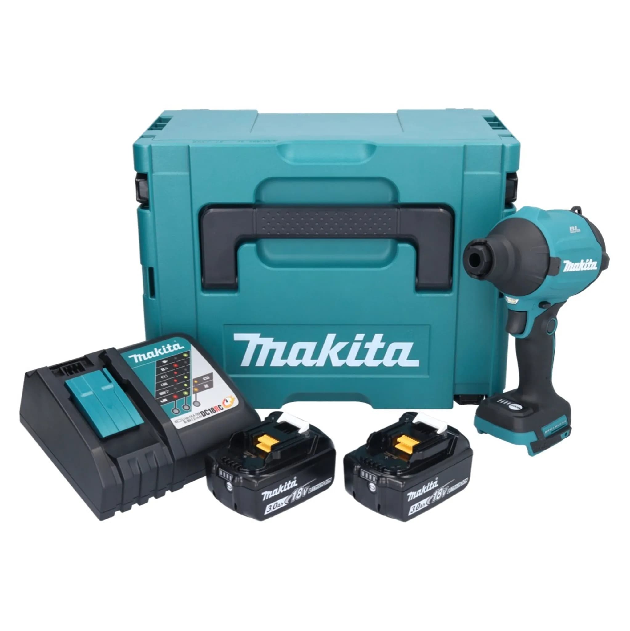 Makita DAS 180 RFJ Akku Gebläse 18 V Brushless + 2x Akku 3,0 Ah + Ladegerät + Makpac