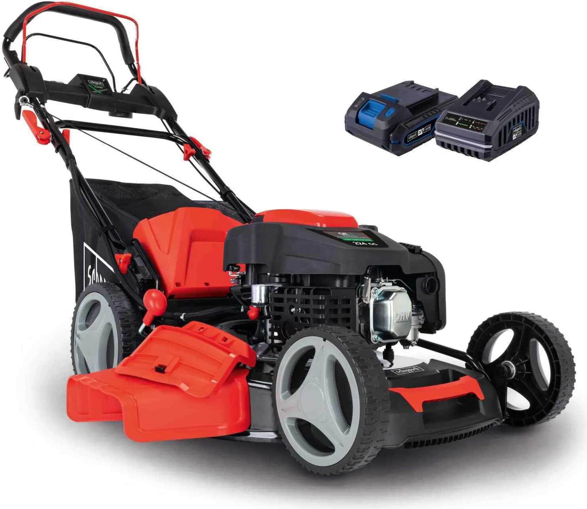 Scheppach MS225-53E Benzin Rasenmäher Elektrostart | Radantrieb | 6 PS | 53 cm Schnittbreite | 65 Liter Fangkorb | Reinigung | Mulchfunktion | Auswurf