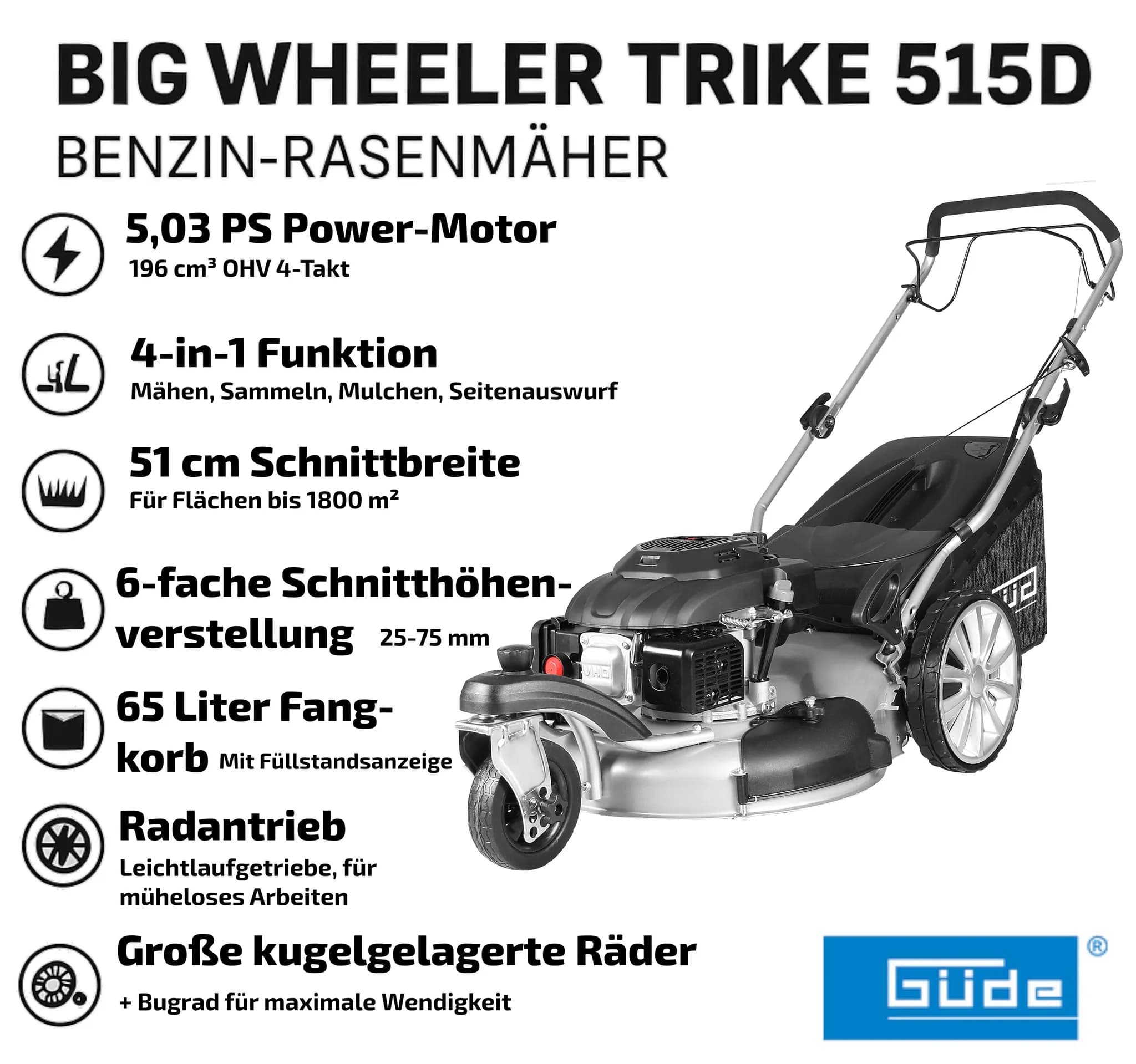 GÜDE Rasenmäher Benzin mit Antrieb Trike Premium Big Wheeler Trike 515D 4in1