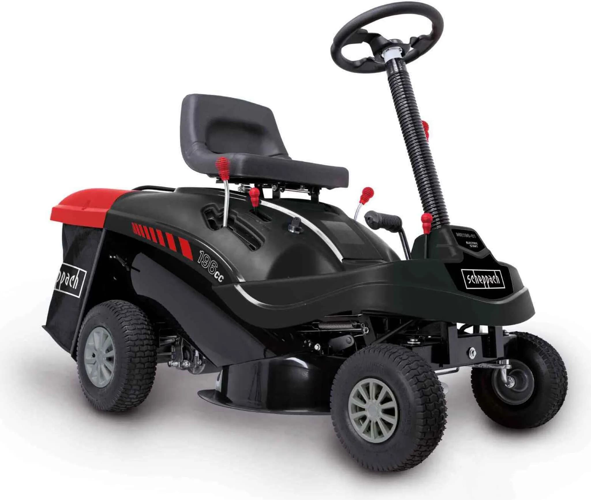 Scheppach Benzin Rasentraktor Aufsitzmäher MR196-61 | 6,5PS | Schnittbreite 61cm | 5 Höhenverstellung | E-Start | 150L | 4xVorwärts / 1xRückwärtsgang