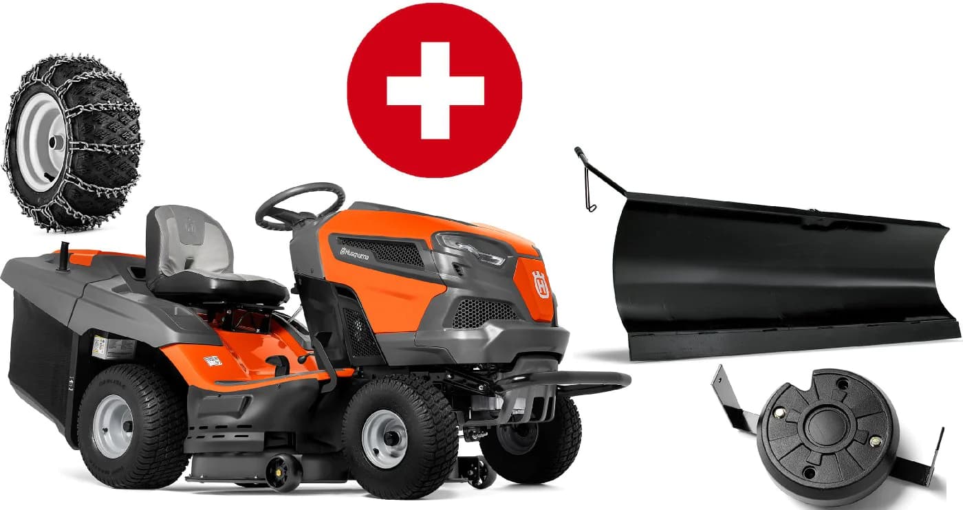 Husqvarna Rasentraktor TC 238TX Winterpaket mit Schneeschild, Gummileiste, Gewicht und Schneeketten – Modell 2023