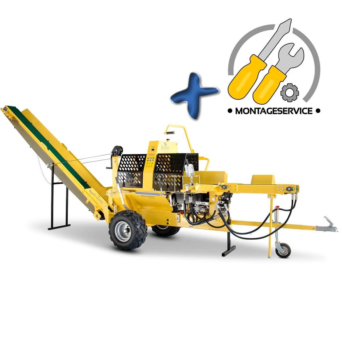 BAMATO 20 to Sägespaltautomat WPO-400PRO mit Förderband | 8,3 kW Motorleistung | Spaltkraft 20t | 6-fach Spaltkreuz | ATV Reifen | Holzspalter Sägespa