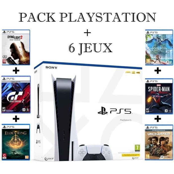 Pack Console de Salon - PlayStation - PS5 Standard - 825 Go - 6 Jeux Inclus - Couleur Blanche