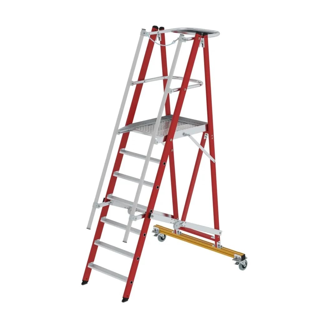 MUNK - Plattformleiter GFK/Alu klappbar und fahrbar mit GFK-Handlauf 7 Stufen