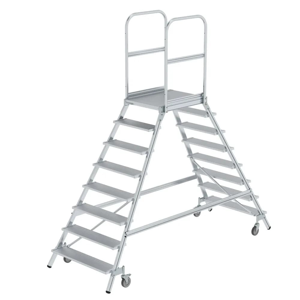 MUNK - Podesttreppe beidseitig begehbar mit Federrollen Aluminium geriffelt 8 Stufen