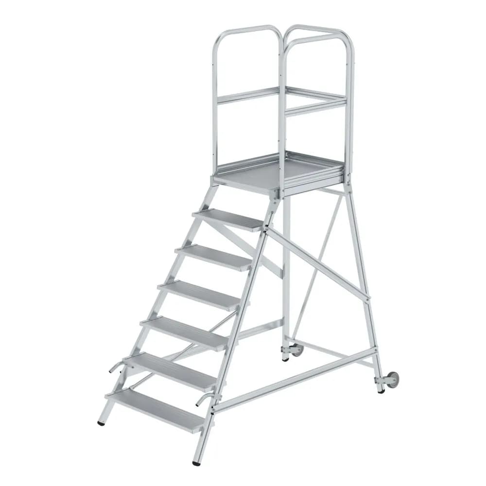 MUNK - Podesttreppe einseitig begehbar mit Rollen und Griffen Aluminium geriffelt 7 Stu