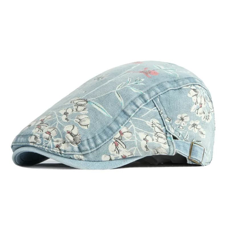 Casquette Plate à Fleurs (Modèle: Bleu Délavé)